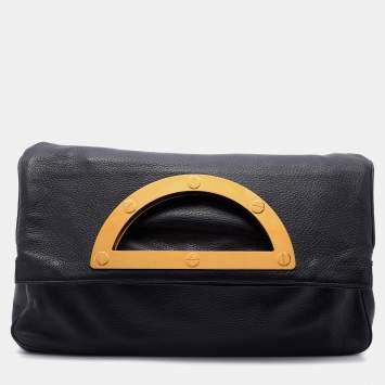 Pre Owned Tom Ford Black Pebbled Leather Fold Over Oversized Clutch