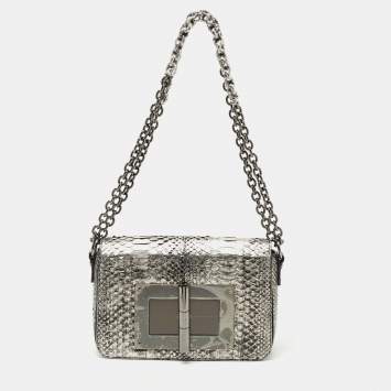 Pre Owned Tom Ford Metallic Silver Python Natalia Chain Shoulder Bag