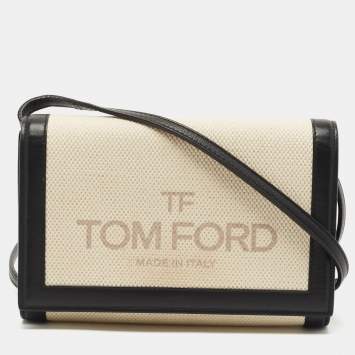Pre Owned Tom Ford Black/Beige Logo Print Canvas and Leather Flap Wallet on Strap