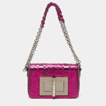 Pre Owned Tom Ford Metallic Magenta Python Medium Natalia Chain Shoulder Bag
