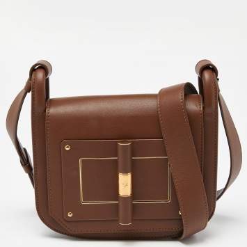 Pre Owned Tom Ford Brown Leather Twist Lock Flap Crossbody Bag