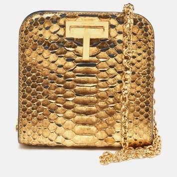Pre Owned Tom Ford Gold Python Small T Lock Shoulder Bag