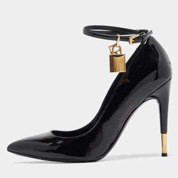 Pre Owned Tom Ford Black Patent Leather Padlock Ankle Wrap Pointed Toe Pumps 38.5