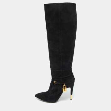 Pre Owned Tom Ford Black Suede Lock Strap Knee Length Boots Size 39