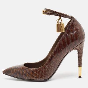 Pre Owned Tom Ford Brown Python Embossed Leather Padlock Pumps Size 39