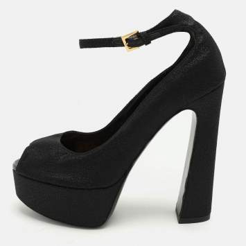Pre Owned Tom Ford Black Lurex Fabric Platform Ankle Strap Pumps Size 37.5