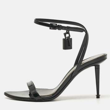 Pre Owned Tom Ford Black Patent Leather Padlock Ankle Strap Sandals Size 38