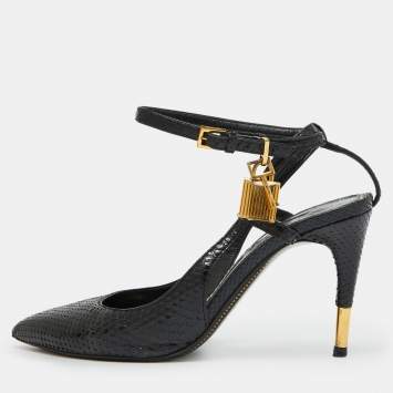 Pre Owned Tom Ford Black Snakeskin Leather Padlock Ankle Wrap Pointed Toe Pumps Size 37