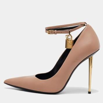 Pre Owned Tom Ford Beige Leather Padlock Ankle Wrap Pumps Size 40
