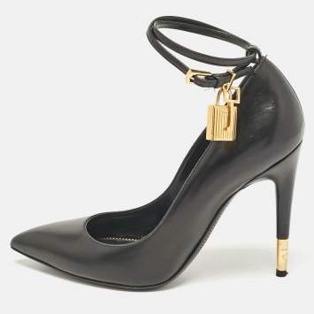 Pre Owned Tom Ford Black Leather Padlock Ankle Wrap Pumps Size 37