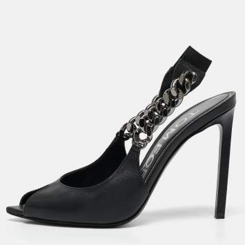 Pre Owned Tom Ford Black Leather Chain Linked Slingback Peep Toe Pumps Size 36.5