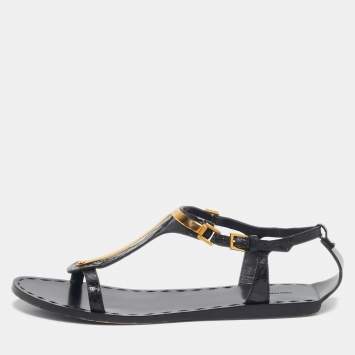 Pre Owned Tom Ford Black Croc Embossed Leather T-Strap Flat Sandals Size 37
