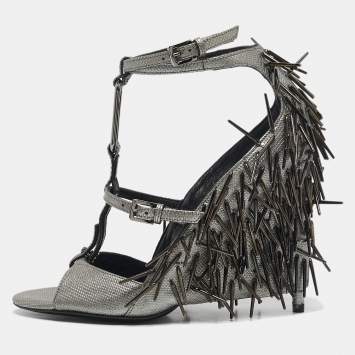 Tom Ford Metallic Grey Leather Embellished  Wedge Sandals Size 37