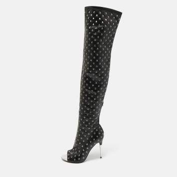 Pre Owned Tom Ford Black Leather Zip Up Over The Knee Boots Size 37