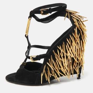 Tom Ford Black Suede Embellished  Ankle Wrap Wedge Sandals Size 37