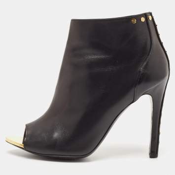 Pre Owned Tom Ford Black Leather Studded Peep Toe Booties Size 37.5