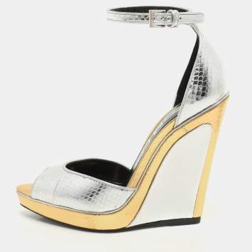 Tom Ford Silver/Gold Python Embossed Leather Trompe L'oeil Wedge Pumps Size 36