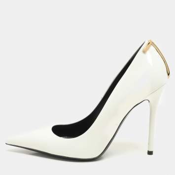 Tom Ford White Patent Leather T Embellished Pointed Toe Pumps Size 37
