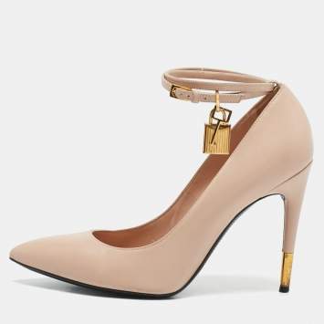 Pre Owned Tom Ford Beige Leather Padlock Ankle Wrap Pumps Size 40.5