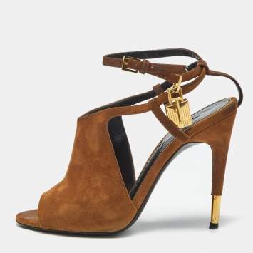 Pre Owned Tom Ford Brown Suede Padlock Ankle Wrap Open Toe Sandals Size 38.5