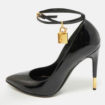 Pre Owned Tom Ford Black Patent Leather Padlock Ankle Wrap Pointed Toe Pumps Size 41