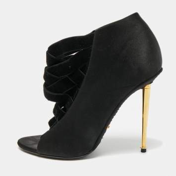 Pre Owned Tom Ford Black Satin Open Toe Ankle Booties Size 37.5