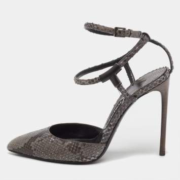 Pre Owned Tom Ford Grey/Brown Snakeskin Leather Pointed Toe Ankle Strap Pumps Size 37