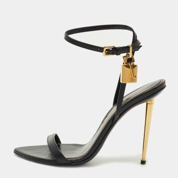 Pre Owned Tom Ford Black Leather Padlock Ankle Strap Sandals Size 37.5