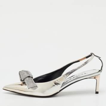 Pre Owned Tom Ford Silver Leather Embellished Bow Slingback Pumps Size 37.5