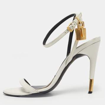 Pre Owned Tom Ford White Leather Padlock Chain Ankle Strap Sandals Size 37.5