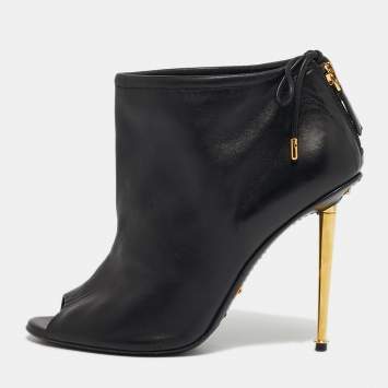 Pre Owned Tom Ford Size 38 Black Leather Peep Toe Ankle Length Boots
