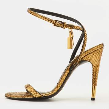 Pre Owned Tom Ford Padlock Size 36.5 Gold Snakeskin Ankle Strap Sandals