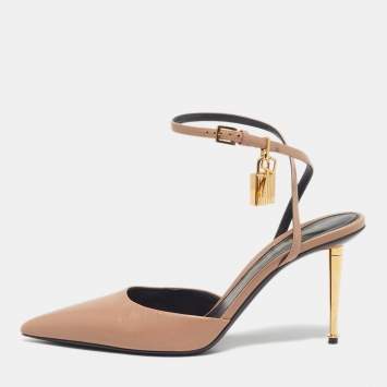 Pre Owned Tom Ford Padlock Size 39 Light Brown Leather Pointed Toe Ankle Wrap Pumps