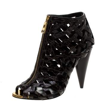 Pre Owned Tom Ford Brown Croc Embossed Leather Cutout Peep Toe Sandals Size 39