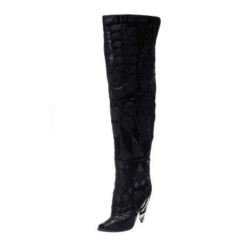 Pre Owned Tom Ford Black Leather/Lace Peep Toe Over The Knee Boots Size 37.5