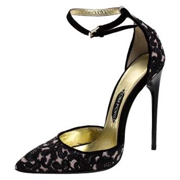 Pre Owned Tom Ford Beige/Black Embroidered Suede D'Orsay Pointed Toe Ankle Strap Pumps Size 41