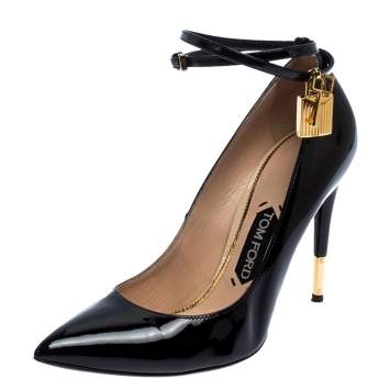 Pre Owned Tom Ford Black Leather Padlock Ankle-Wrap Pointed Toe Pumps Size 37