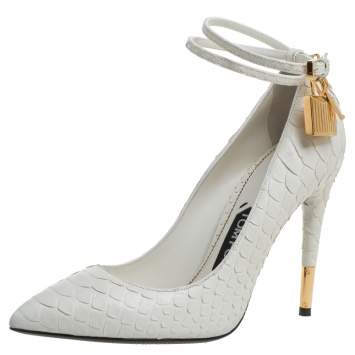Pre Owned Tom Ford White Python Padlock Ankle Strap Pointed Toe Pumps Size 36