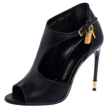Pre Owned Tom Ford Black Leather Padlock Peep Toe Booties Size 37