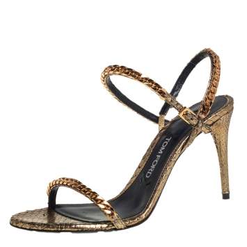 Pre Owned Tom Ford Metallic Gold Python Leather Chain Embellished Slingback Sandals Size 38.5