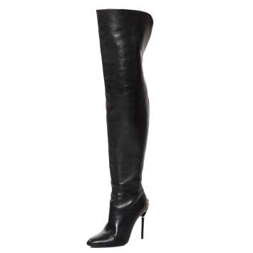 Pre Owned Tom Ford Black Leather Over the Knee Zipper Embellished Heel Boots Size 38