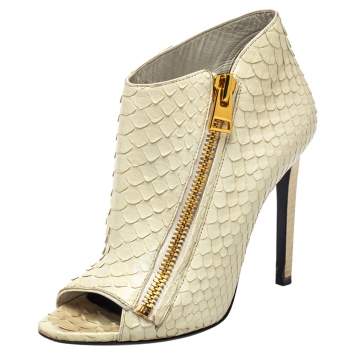 Pre Owned Tom Ford Off White Python Side Zip Peep Toe Booties Size 37