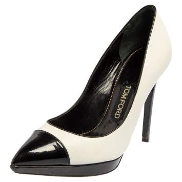 Pre Owned Tom Ford White/Black Patent Leather And Leather Cap Toe Pointed Toe Pumps Size 39.5