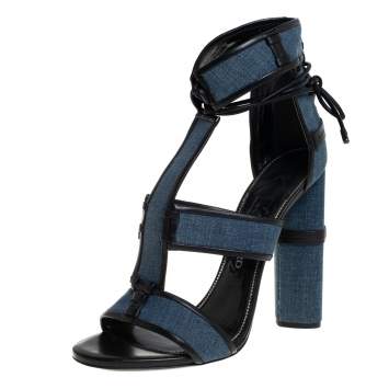 Pre Owned Tom Ford Blue Denim And Leather Cage Ankle Wrap Sandals Size 40