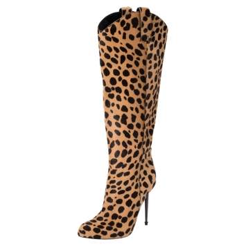 Pre Owned Tom Ford Beige/Brown Leopard Print Calf Hair Knee Length Boots Size 37