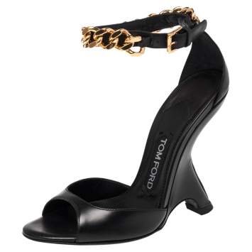 Pre Owned Tom Ford Black Leather Chain Embellished Ankle Strap Wedge Sandals Size 36