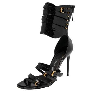 Pre Owned Tom Ford Black Patent Leather Gladiator Triple Buckle Sandals Size 38.5