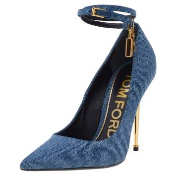 Pre Owned Tom Ford Blue Denim Padlock Ankle Strap Pointed Toe Pumps Size 37