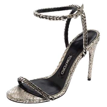 Pre Owned Tom Ford Metallic Silver Python Leather Chain Embellished Ankle Strap Open Toe Sandals Size 37
