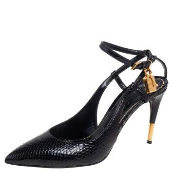 Pre Owned Tom Ford Black Python Padlock Ankle Strap Sandals Size 40.5 